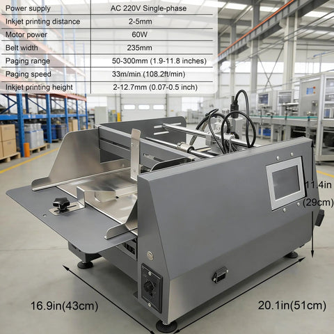 Desktop Automatic Page Feeder For Inkjet Printers With Speedy Sheet Dispenser For Business Cards Paper Bags And Foil Pouches Plug And Play Setup, gray desktop unit in industrial setting.