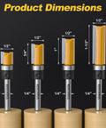 Product dimensions of Fan Favorite Four Piece Flush Trim Router Bits Set One Quarter Inch Shank Top Bearing Carbide Steel.