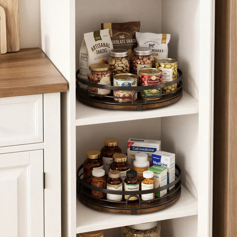 Smooth 360 Spin 2 Pack 9 And 10 Inch Lazy Susan Turntable Organizers Heavy Duty Solid Wood Kitchen pantry with snacks.