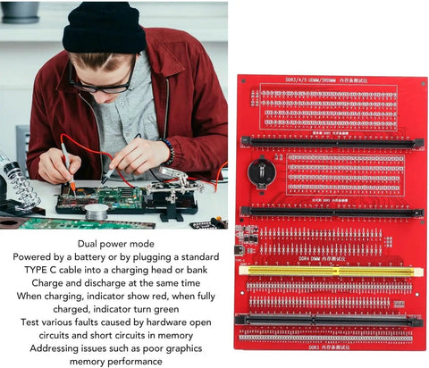 No Sweat 4 In 1 Pro Ram Diagnostic Tester Card For DDR3 DDR4 DDR5 UDIMM RDIMM, showing dual power mode in use.