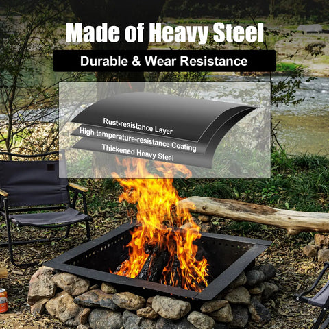 Heavy Duty 36 Inch Square Fire Pit Ring for DIY Campfire Inserts, rugged steel, above ground, high temp black finish with bonfire.