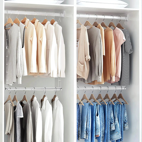 Expandable Dual Closet Rod, Space Saving Wardrobe Extender, Absolute Game Changer Clothes Hanger Bar, Slick Chrome Hanging Organizer 2 Pack For Cramped Closets And Mini Bedrooms