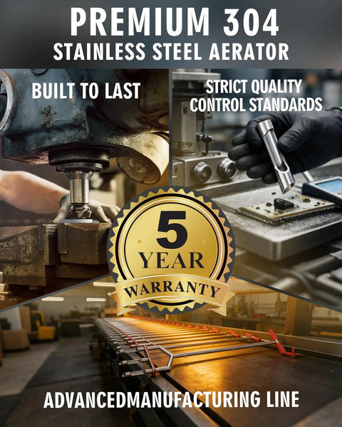 Premium 304 stainless steel aerator with 5-year warranty in advanced manufacturing line for durability and quality control.