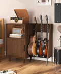 Mid Century Music Cabinet With Built In Outlets And Vinyl Record Storage Sturdy Guitar Stand Holding Three Instruments with turntable.