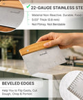 All Purpose Bench Scraper For Dough And Pizza Stainless Steel Heavy Duty Griddle Chopper in hand showing beveled edges in kitchen