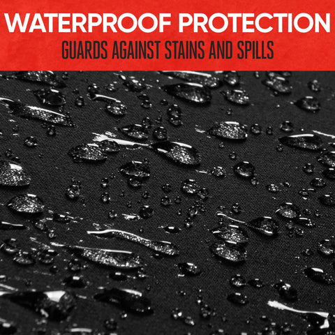 Waterproof Neoprene Rear Bench Seat Cover For Cars Trucks SUVs And Vans 100 Percent Back Seat Protector Against Spills Messes Dog Hair Mud And Kids Universal Fit close-up with water droplets highlighting waterproof feature.