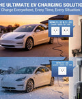Smooth Operator Portable EV Charger Delivers No Sweat Level One And Level Two Charging For Tesla Rides With Reliable Nema 5 15 And 6 20 Plugs For Quick Home Top Offs And Dependable Trailhead Power Ups, shown charging in daylight and snowy conditions.