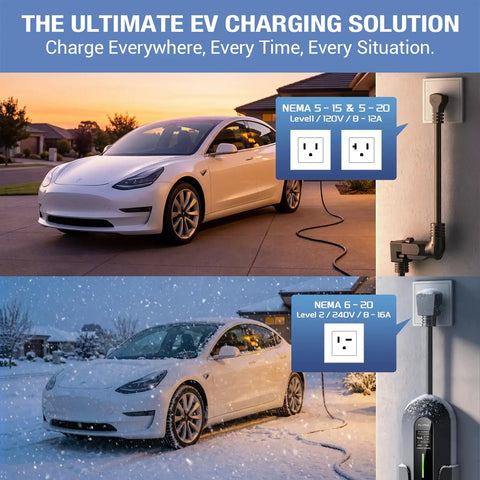 Smooth Operator Portable EV Charger Delivers No Sweat Level One And Level Two Charging For Tesla Rides With Reliable Nema 5 15 And 6 20 Plugs For Quick Home Top Offs And Dependable Trailhead Power Ups, shown charging in daylight and snowy conditions.