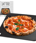 Steel Pizza Stone For Oven And Grill Pro Grade 14 By 14 Inch Carbon Steel Plate With Superior Heat Retention For Crisp Crust Pizza And Bread, Built To Last Black Finish with a baked pizza on top