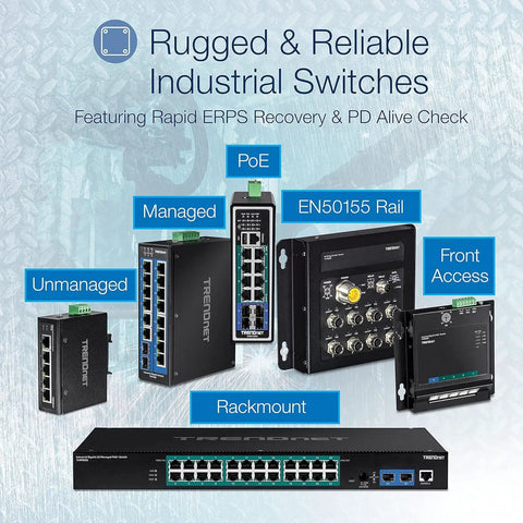 Various TRENDnet industrial switches including Unmanaged Industrial 16 Port Gigabit PoE Plus DIN Rail Switch For Rugged Networks.