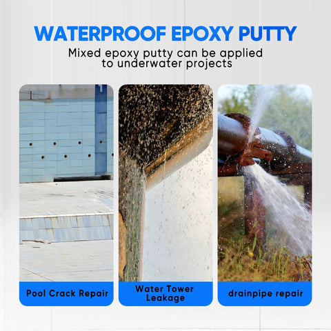 Collage showing uses of Two Part Epoxy Putty Stick For Quick Repairs On Pools Heaters Metal Plastic Ceramic Water Resistant