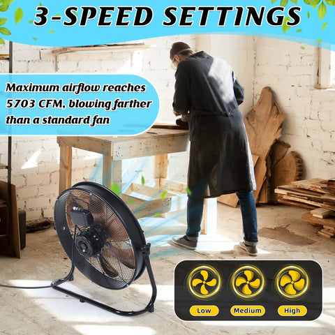20 Inch High Velocity Industrial Drum Fan With 5703 CFM Heavy Duty Metal Construction in workshop setting