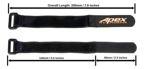 5 Pack 20mm By 200mm HD Rubberized Battery Straps Non Slip For Drones Quads Helis Planes And Cars, shown with dimensions