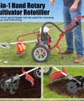 Rugged 4HP 63cc Gas Powered Garden Tiller With Wheels 4 Stroke Rototiller being used on lawn, showing front spiral blades in action