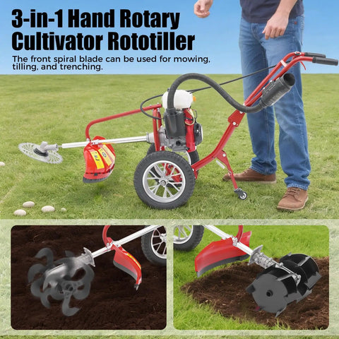 Rugged 4HP 63cc Gas Powered Garden Tiller With Wheels 4 Stroke Rototiller being used on lawn, showing front spiral blades in action