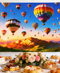 7x5ft Hot Air Balloon Backdrop With Colorful Rainbow Sky And Mountain Scene For Birthday Parties Welcome Events Travel Theme Photo Props And Nature Landscape Photography Background featuring hot air balloons over mountains and desserts table.