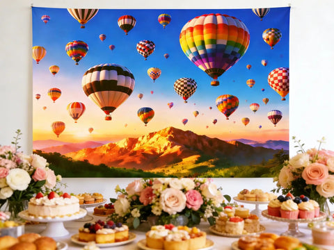 7x5ft Hot Air Balloon Backdrop With Colorful Rainbow Sky And Mountain Scene For Birthday Parties Welcome Events Travel Theme Photo Props And Nature Landscape Photography Background featuring hot air balloons over mountains and desserts table.