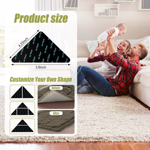 Ultra Thin Non Slip Rug Tape For Hardwood Floors, Double Sided Adhesive Rug Stickers in use, prevents curling on a beige rug
