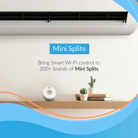 Puck Wireless Smart Thermostat For Smart Vents And Mini Splits on wooden shelf under HVAC mini split system