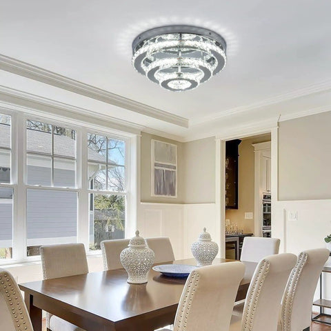 3 Tier Crystal Chandelier LED Flush Mount Ceiling Light 13.8 Inch Round Fixture installed in modern dining room
