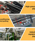 Collage of high-pressure piping, air conditioning control pulling lines, and industrial equipment piping.