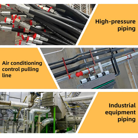 Collage of high-pressure piping, air conditioning control pulling lines, and industrial equipment piping.