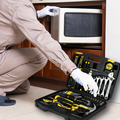Person using 61 Piece Mechanic Tool Set With Socket Wrenches And Auto Repair Must Have Gear In Durable Chrome Finish Plastic Storage Case