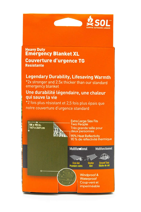 Packaging of 90 Percent Heat Reflective Emergency Blanket Beefed Up Heavy Duty For Disaster Prep Kit Waterproof Windproof Tear Resistant