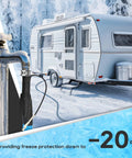 RVGUARD heated water hose for RV, black with thermostat, installed on exterior faucet in snowy RV scene