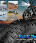 Beast Mode 1200W Peak Ebike with 16x4.0 fat tires for city and trail adventures, shown on urban, mountain, snow, and sandy roads.