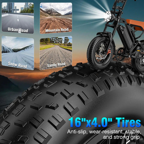 Beast Mode 1200W Peak Ebike with 16x4.0 fat tires for city and trail adventures, shown on urban, mountain, snow, and sandy roads.