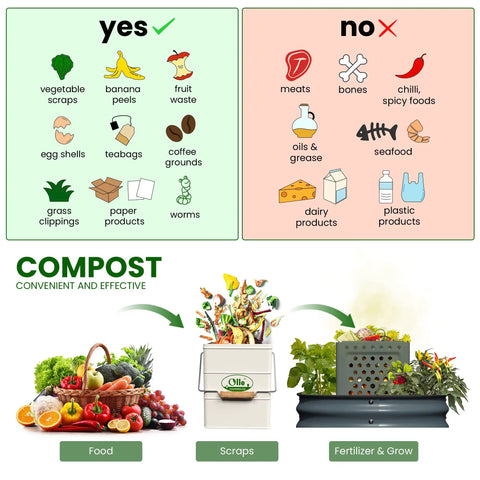 Illustration showing items for composting and not composting, with kitchen compost bin set and garden composting process.