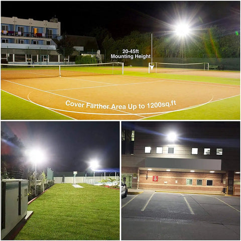 Beefy 30W LED Flood Light With 5 Ft Cable And Switch illuminating tennis court, lawn, and parking lot