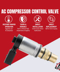 Control Solenoid Valve For Sanden PXE16 PXE14 1K0820803E AC Compressor Replacement on red background with features icons.