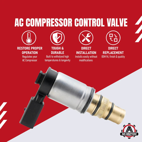 Control Solenoid Valve For Sanden PXE16 PXE14 1K0820803E AC Compressor Replacement on red background with features icons.