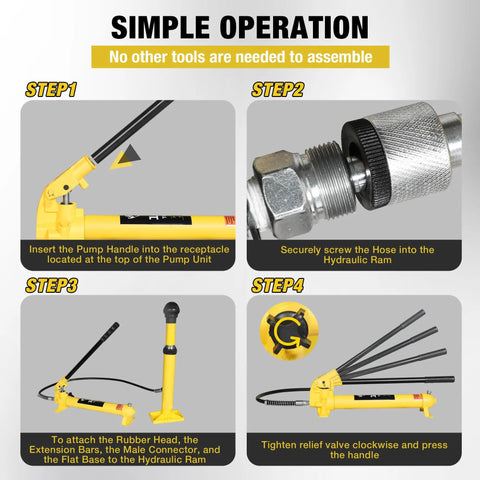 Beefy 10 Ton Porta Power Kit Hydraulic Ram Jack Pusher Puller assembly steps guide for auto body frame repair.
