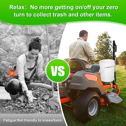 Zero Turn Mower Handle With 5 Gallon Bucket Bracket And Clip For Outdoor Yard Cleanup, CAROD Heavy Duty Lawn Mower Accessories Mounting Handle Kit Built To Tackle Trash And Garden Chores With A Grabber Tool, Black shown with person using it.