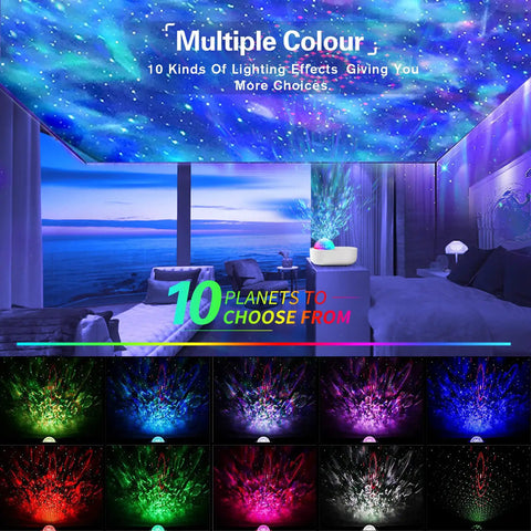 Star Projector For Bedroom 4 In 1 With Bluetooth Speaker Remote And Timer 10 Color LED Lights displayed in a room.