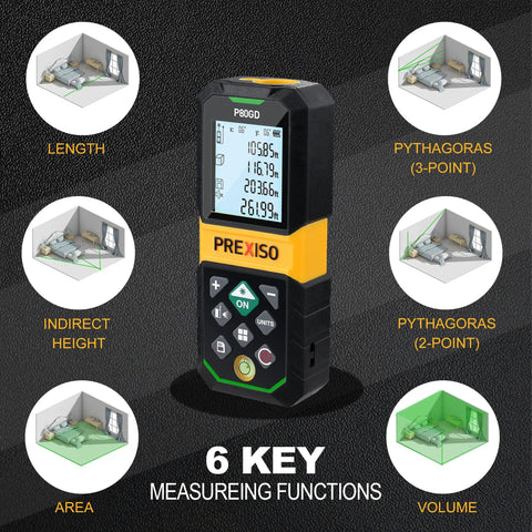 Your Go-To Rechargeable Green Laser Distance Meter With 265Ft Range, Pythagorean Mode, Area And Volume Calculations, Digital Readouts In Ft, Ft+In, In, Or M, Class II Laser, Dead-On Accuracy, The Handy Tool For DIY Home Projects.