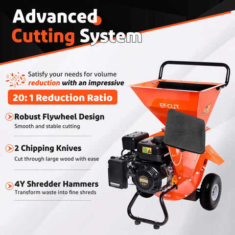 Advanced cutting system of 3 In 1 Wood Chipper Shredder Mulcher For Yard Cleanup Gas Powered 7 HP 212cc with flywheel and hammers.