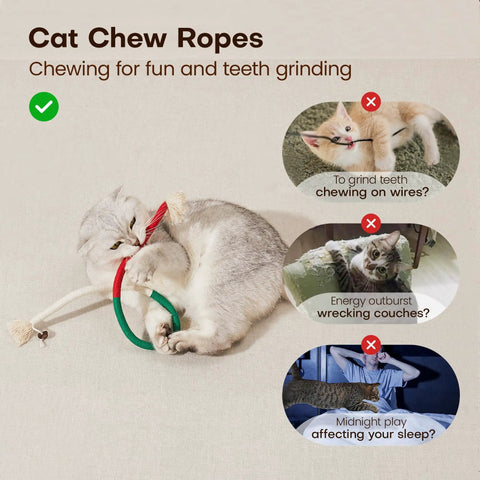 A cat chewing on Three Pack Cat Chew Rope Toys With Refillable Catnip For Indoor Cats Safe Teeth Cleaning And Teething Interactive Toys.