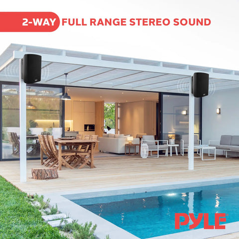 Outdoor patio with Boomin 6.5 Inch Wall Mount Bluetooth Speaker System For Indoor Outdoor Use, black speakers installed