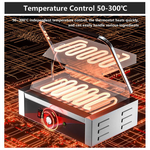 Heavy Duty Commercial Electric Sandwich Maker 2200W Press Grill with non-stick plates showing temperature control dial and heating elements.