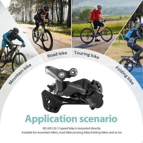 Application scenarios showing Ten To Eleven Speed Rear Derailleur for mountain bikes, road bikes, touring bikes, folding bikes.