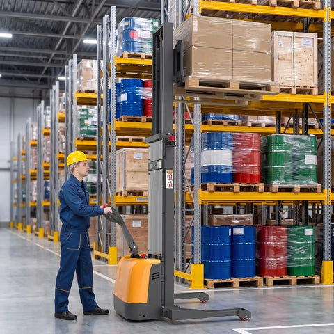 Rugged Heavy Duty Electric Lithium Pallet Stacker Cranks Up To 3300 Lbs With A Snappy 98 Inch Lift Height operating in a warehouse.