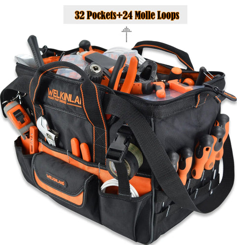 16 Inch Heavy Duty Tool Bag With 34 Pockets Open Top Organizer For HVAC And Electricians Pro Grade Ballistic Nylon 1680D Tote