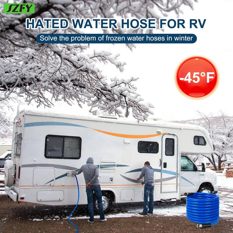 SZFY heated RV water hose, 50 ft, blue coil with fittings, for cold-weather camper use