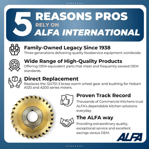 5 reasons pros rely on ALFA International; Pro Grade 60Hz Brass Worm Wheel Gear And Bushing Replacement For Hobart A120 A200 Mixers, OEM Equivalent Part 124751-3 Replaces Old Gear, Durable, High-Precision Kitchen Mixer Component.