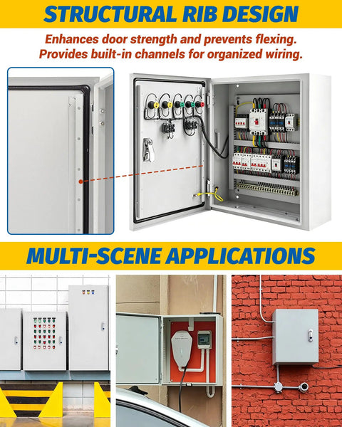 Heavy Duty Electrical Junction Box 16x12x8 Inch IP66 Nema 4X Rated Steel Enclosure showing organized wiring and structural rib design.