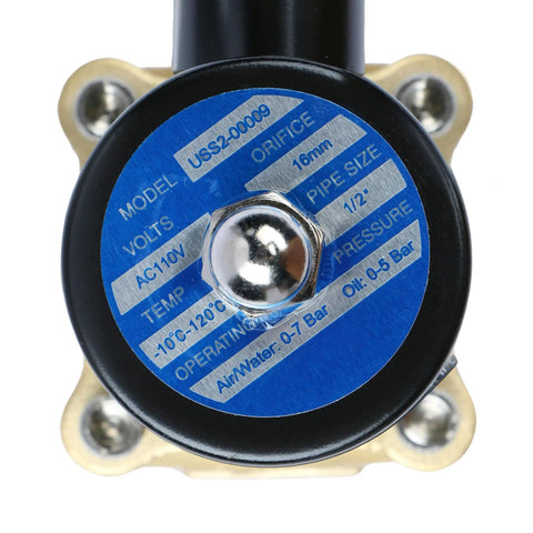 Close-up of Heavy Duty Brass Electric Solenoid Valve Half Inch 110V AC Normally Closed With Viton Seal, showing specs on body.